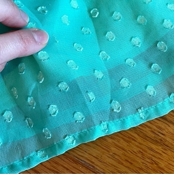VANITY Aqua Seafoam Green Blue Swiss Dot Textured Mini Surplice Faux Wrap Dress - Picture 16 of 16